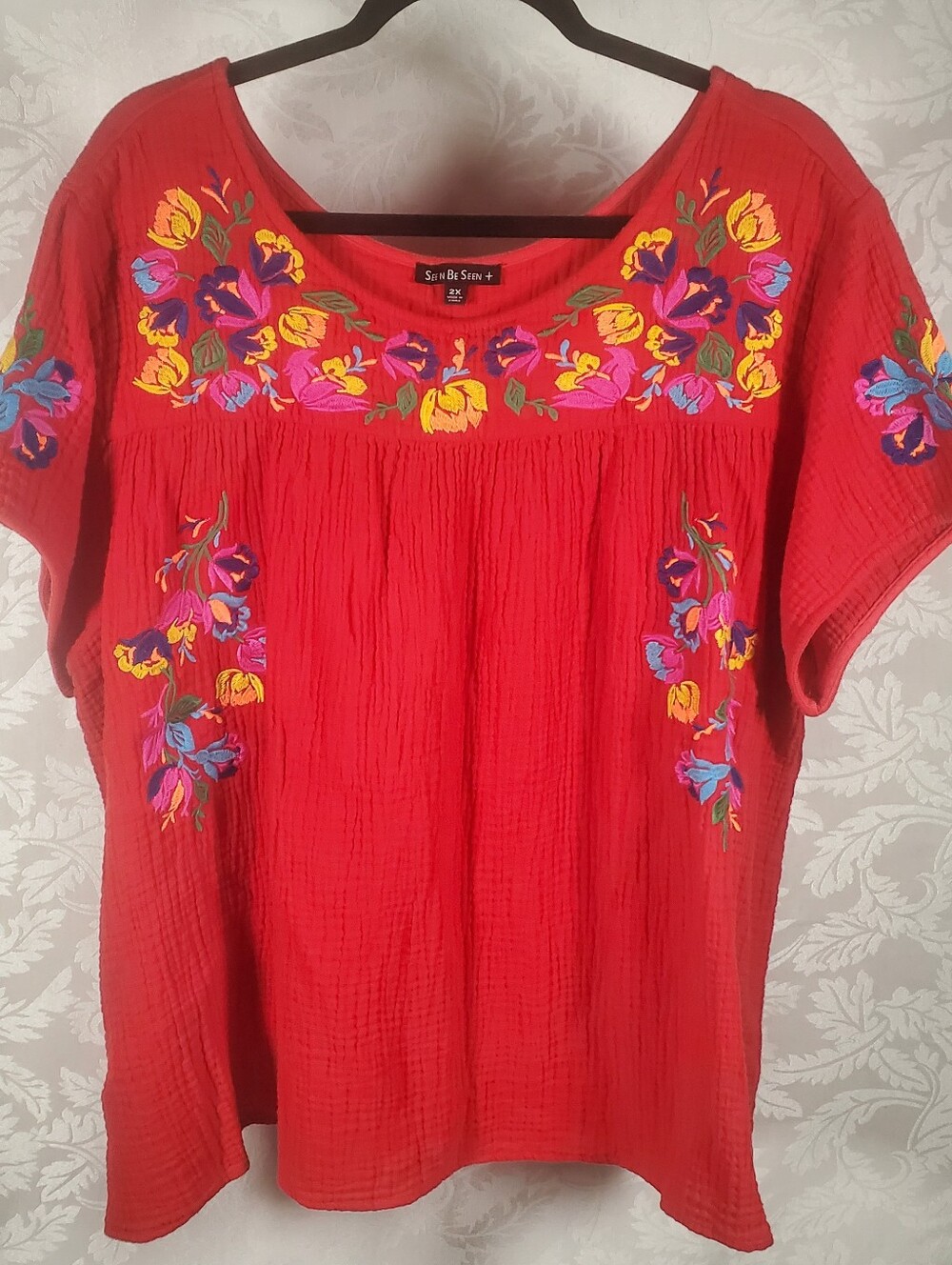 See And Be Seen Red Embroidered Short Sleeve Peasant Blouse